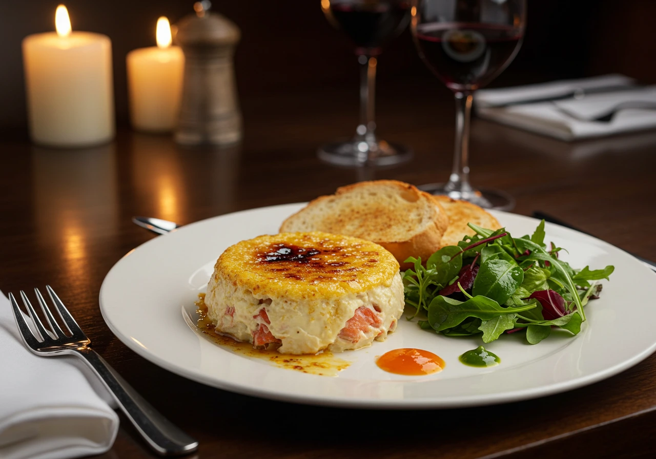 A beautifully plated crab brulee with toasted crostini and elegant garnishes.