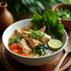 A steaming bowl of Filipino chicken sinigang recipe with vegetables like radish, eggplant, okra, and water spinach in a clear tamarind-based broth.