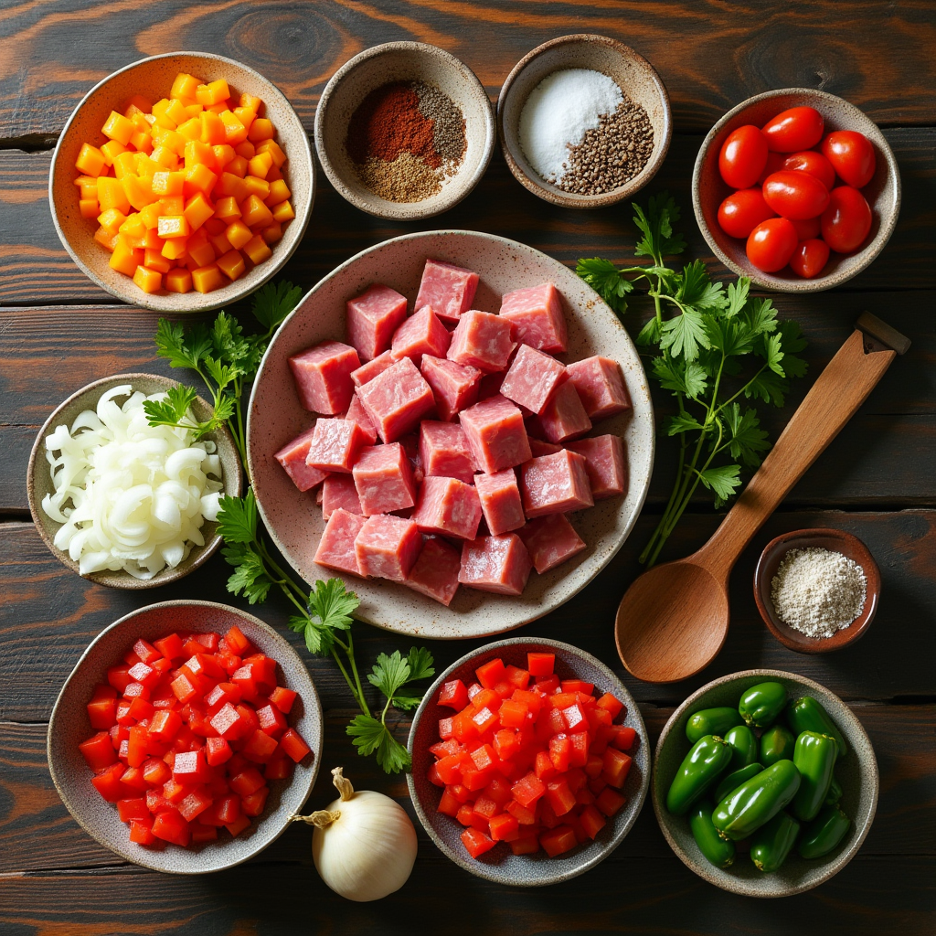 Fresh ingredients for a Mexican discada recipe, including beef, pork, chorizo, bell peppers, onions, tomatoes, garlic, and spices on a wooden table.