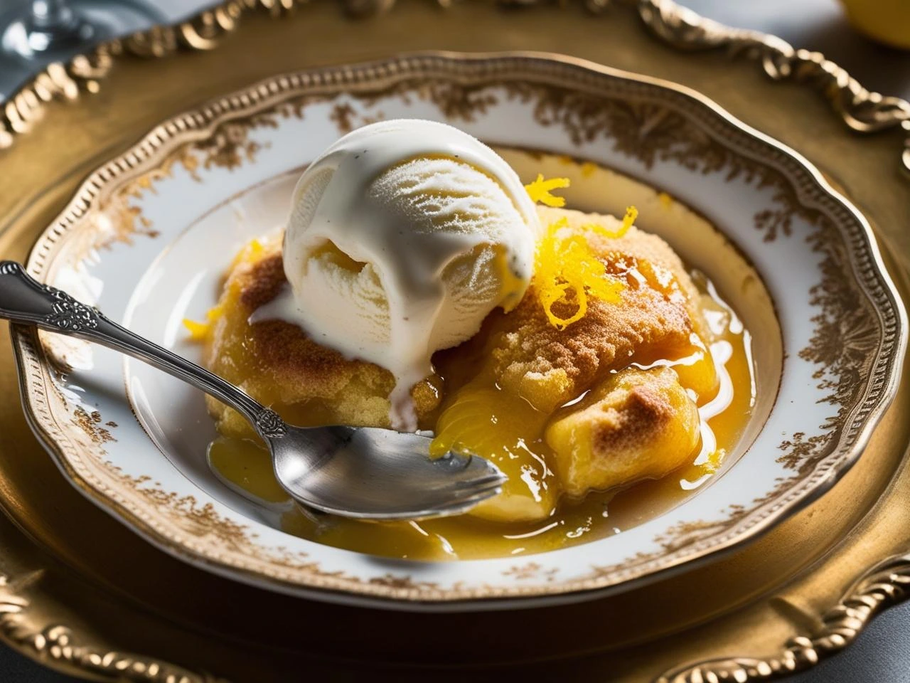 A slice of Magic Lemon Cobbler with vanilla ice cream, honey drizzle, and lemon zest garnish.