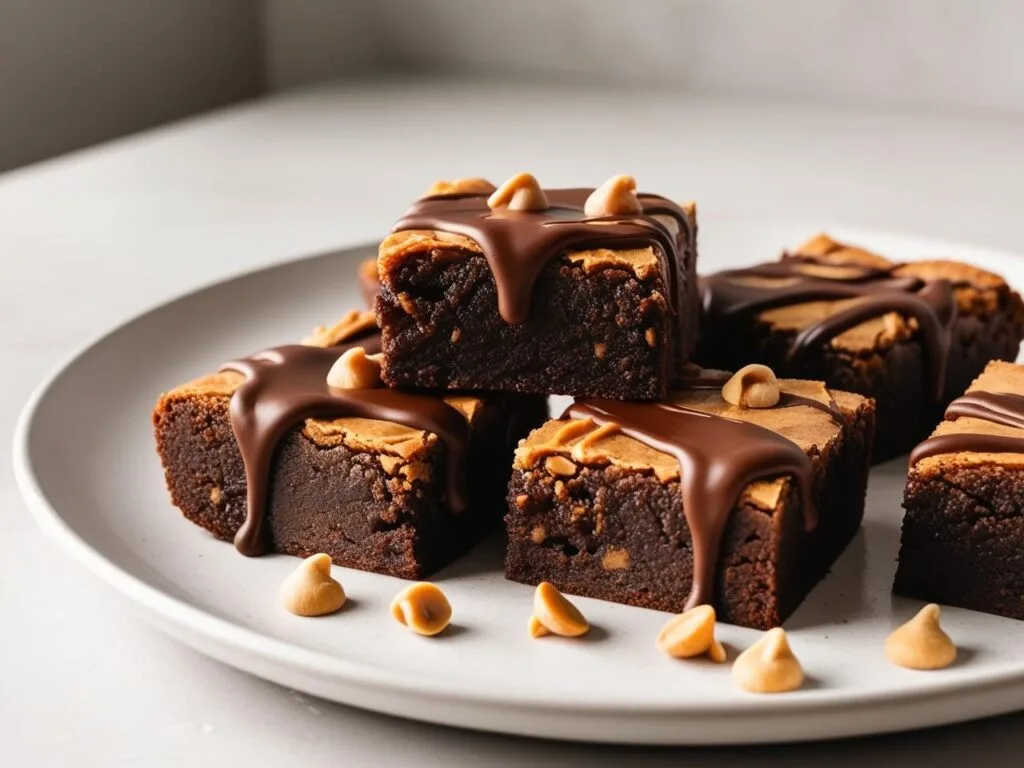 A stack of healthy peanut butter brownies with a rich, fudgy texture, drizzled with melted chocolate and sprinkled with peanut butter chips.