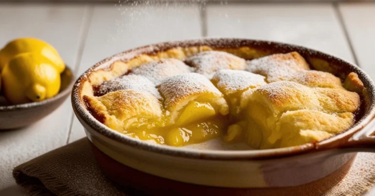 Warm lemon cobbler with a golden, buttery crust and gooey citrus filling, topped with a scoop of vanilla ice cream