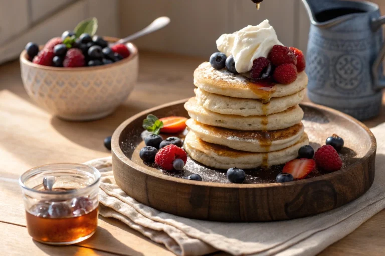 Fluffy dairy-free pancake recipe without milk topped with fresh berries and syrup