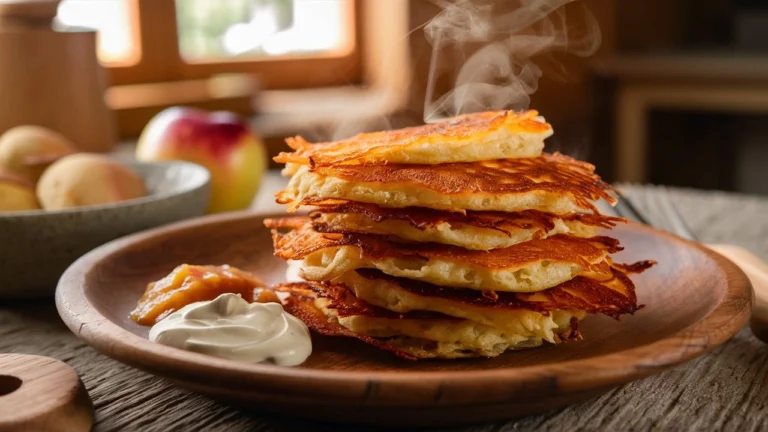 Crispy German potato pancakes with applesauce and sour cream on a rustic wooden plate.