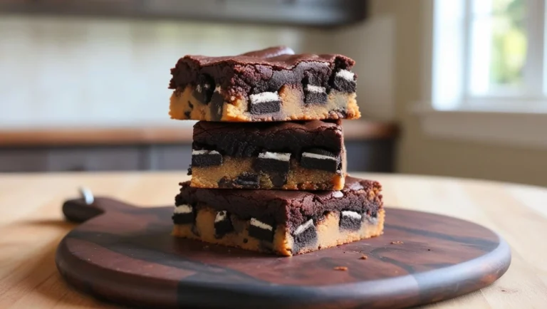 Gooey slutty brownies recipe stacked on a wooden board with melted chocolate and Oreos visible.