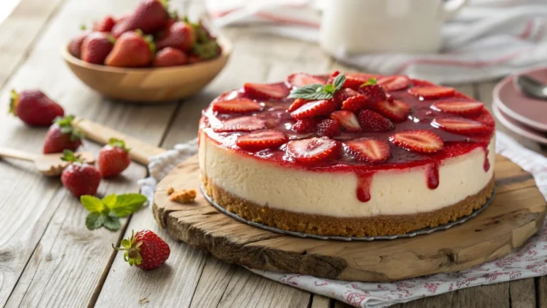 A delicious strawberry cheesecake cake with fresh strawberries on top.