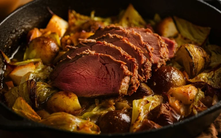 Homemade corned beef and cabbage in the oven with golden crust