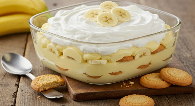 Banana pudding with cookies in a clear glass dish topped with whipped cream