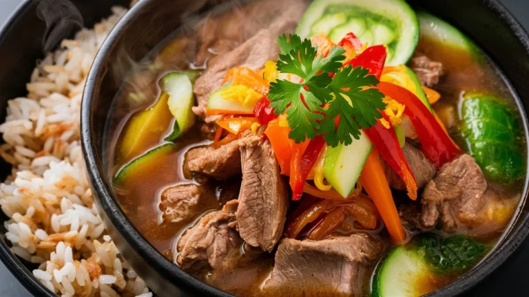 A bowl of beef sinigang recipe with rice on a rustic table, showcasing vegetables and rich broth.