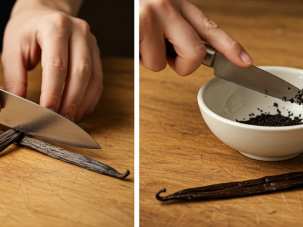 Scraping seeds from vanilla beans for paste