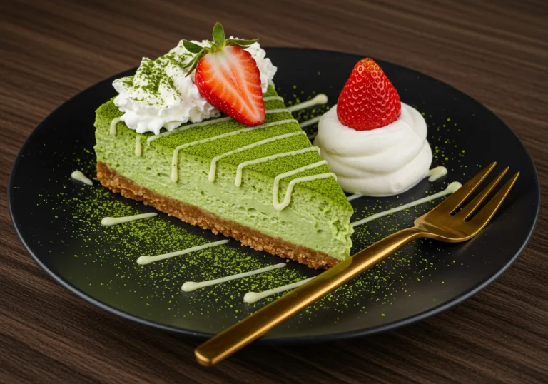 A slice of matcha cheesecake with white chocolate drizzle and fresh berries on a white plate.