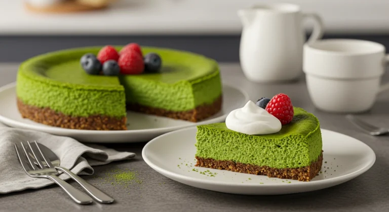 Matcha cheesecake recipe with a golden crust, topped with whipped cream and berries.