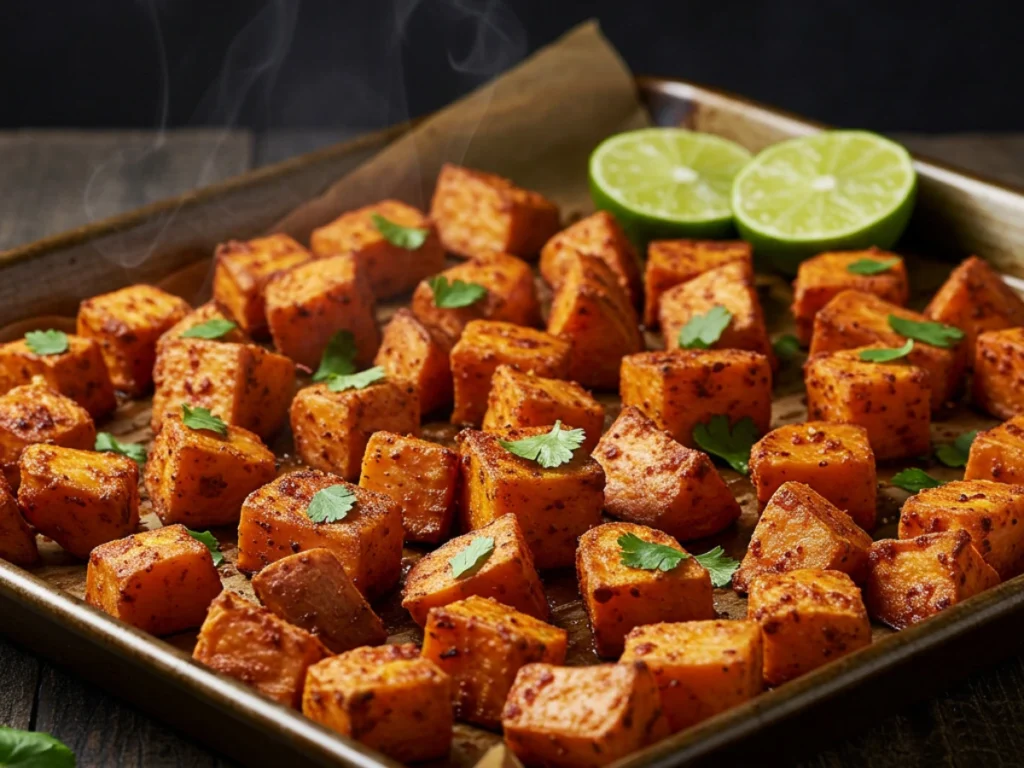 Roasted sweet potatoes with smoky chili powder.