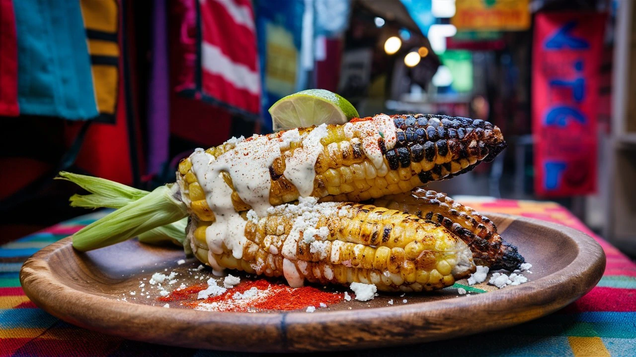 Grilled Mexican street corn with toppings on a rustic plate