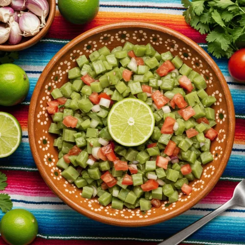 Colorful bowl of Nopalitos Salad on a traditional Mexican tablecloth