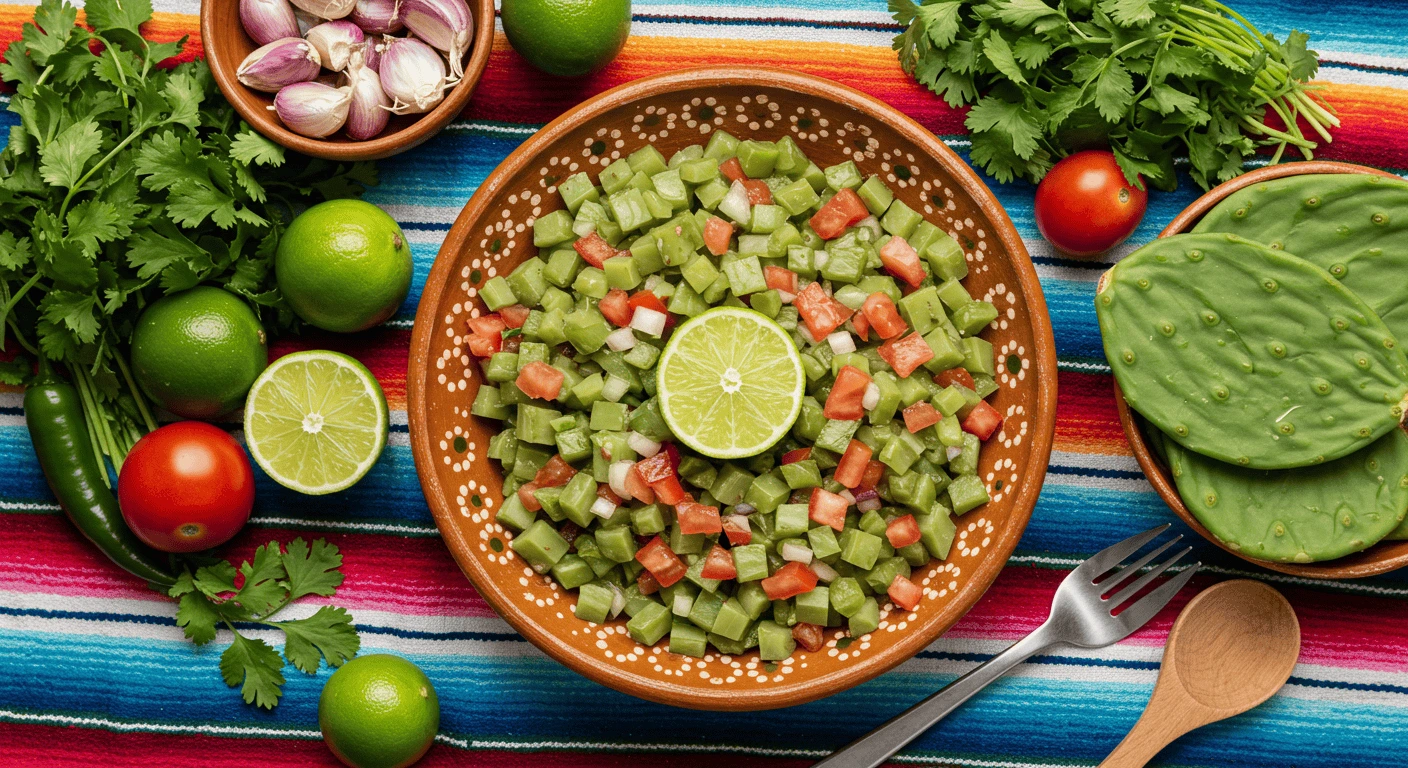 Colorful bowl of Nopalitos Salad on a traditional Mexican tablecloth