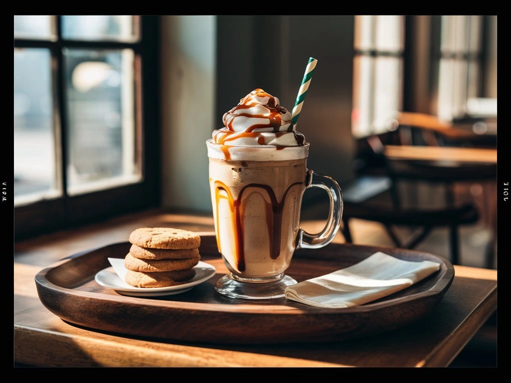 Served caramel frappuccino with cookies on the side