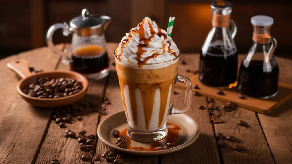 Caramel frappuccino topped with whipped cream and caramel drizzle in a cozy café setting