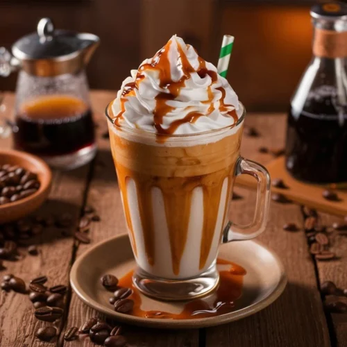 Caramel frappuccino topped with whipped cream and caramel drizzle in a cozy café setting