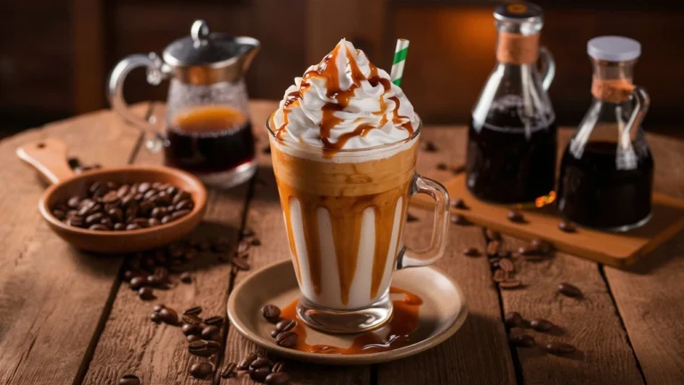 Caramel frappuccino topped with whipped cream and caramel drizzle in a cozy café setting