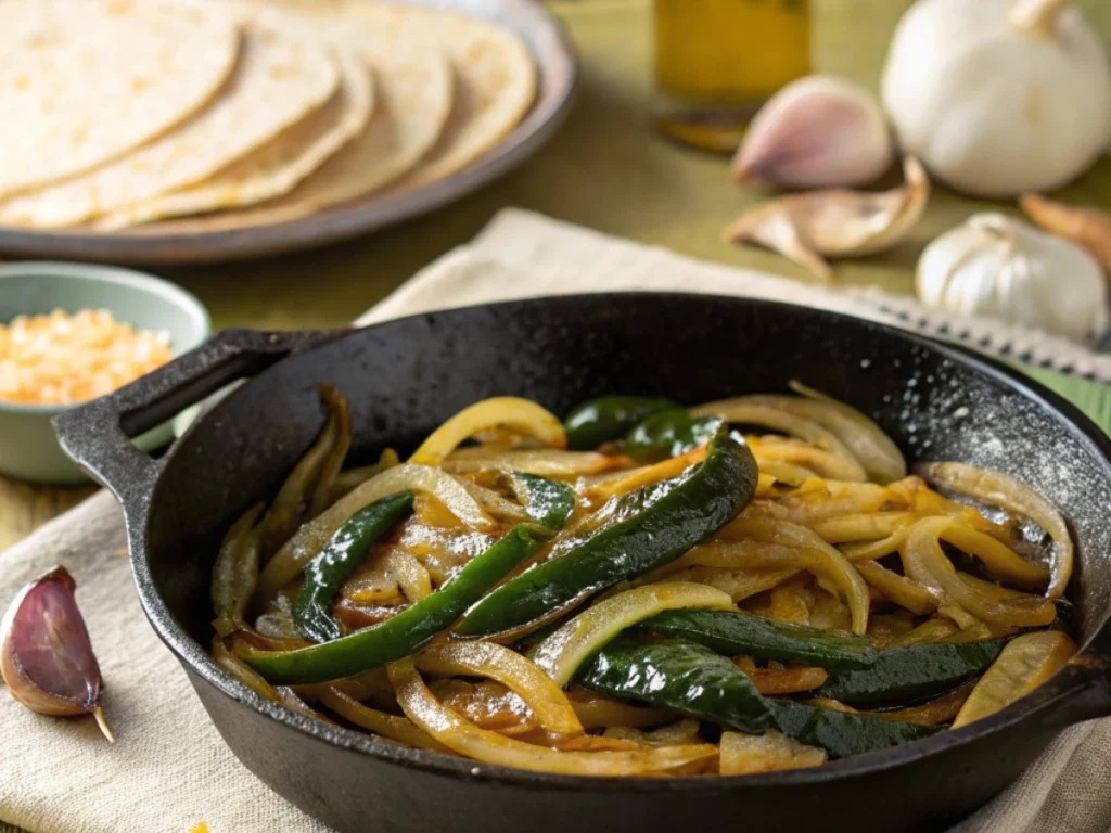 Caramelized onions and roasted poblano peppers in a skillet.