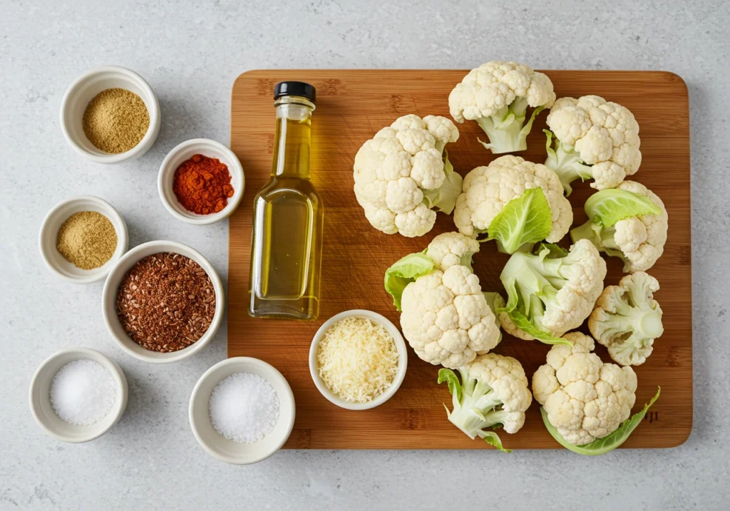 Cauliflower chips ingredients laid out on a kitchen counter