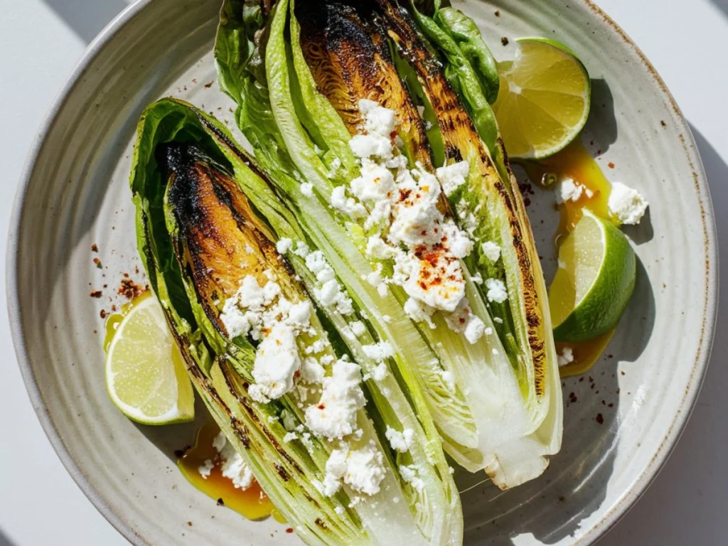 Grilled romaine lettuce with cheese and lime.