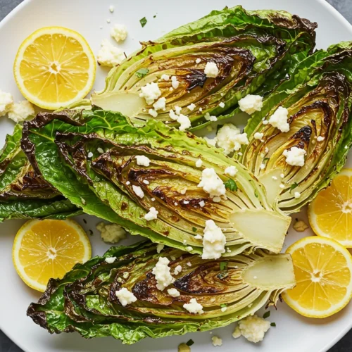 Grilled romaine lettuce topped with queso fresco and lime on a grill.