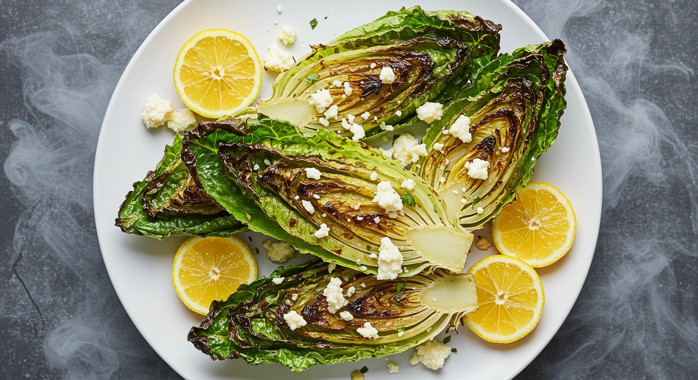 Grilled romaine lettuce topped with queso fresco and lime on a grill.