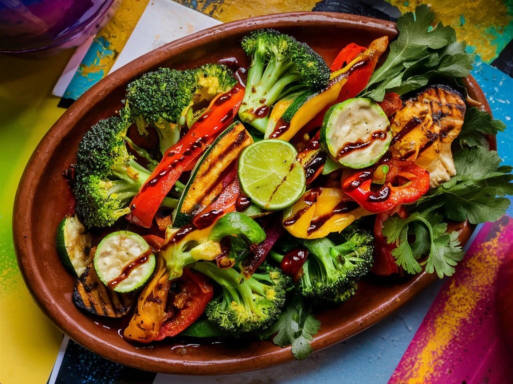 Grilled mixed vegetables with chipotle lime drizzle.