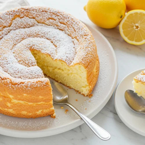 Fluffy cloud cake sliced and served on a white stand with airy texture.