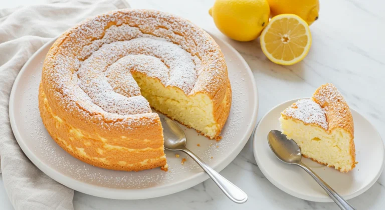 Fluffy cloud cake sliced and served on a white stand with airy texture.