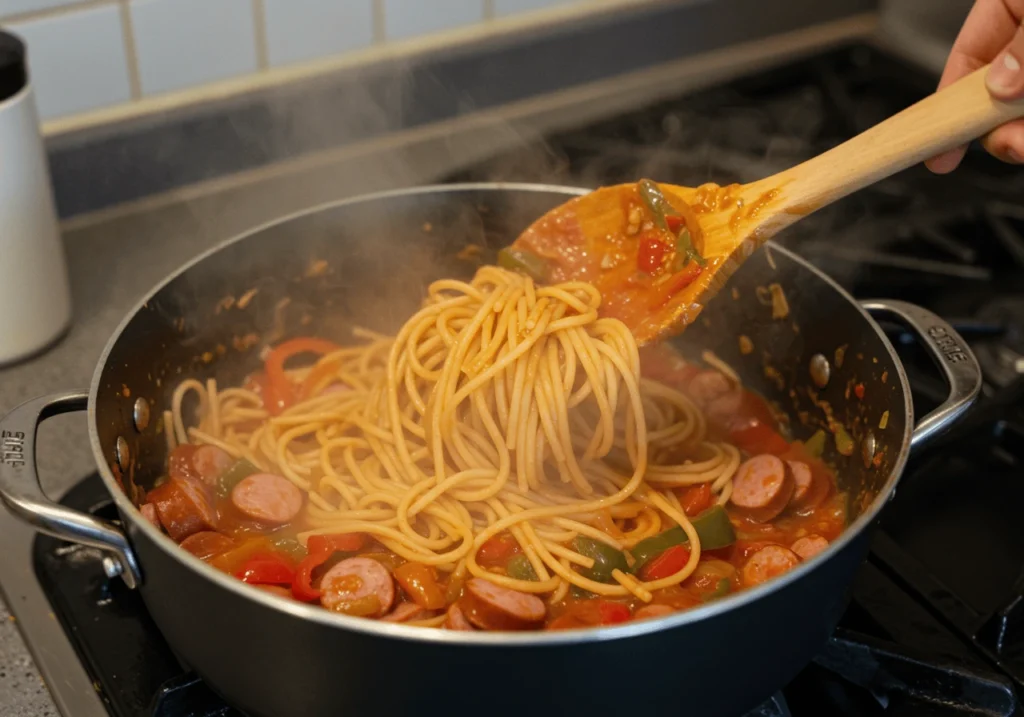 Cooking Dominican spaghetti with rich red sauce in a pot