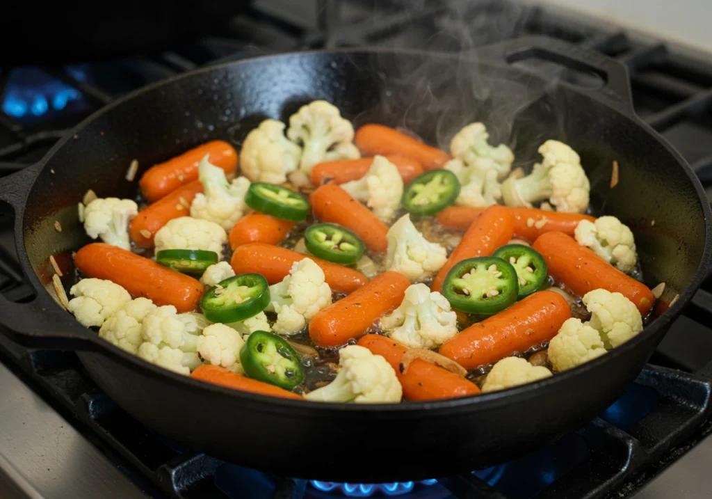 Escabeche veggies simmering in a skillet