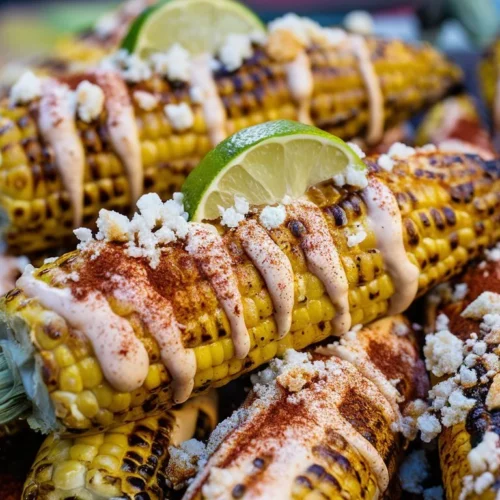 Grilled Mexican street corn with lime and cotija cheese.