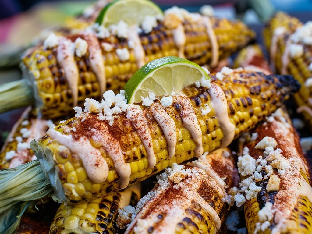 Grilled Mexican street corn with lime and cotija cheese.
