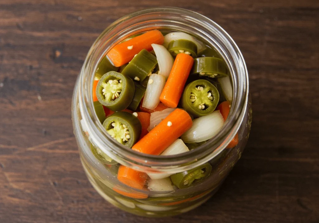 Jar of colorful Mexican pickled vegetables in vinegar.