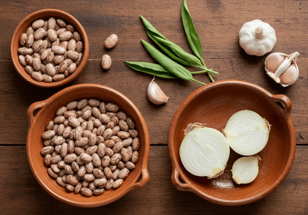 Mexican ingredients for frijoles de la olla on a rustic wooden table