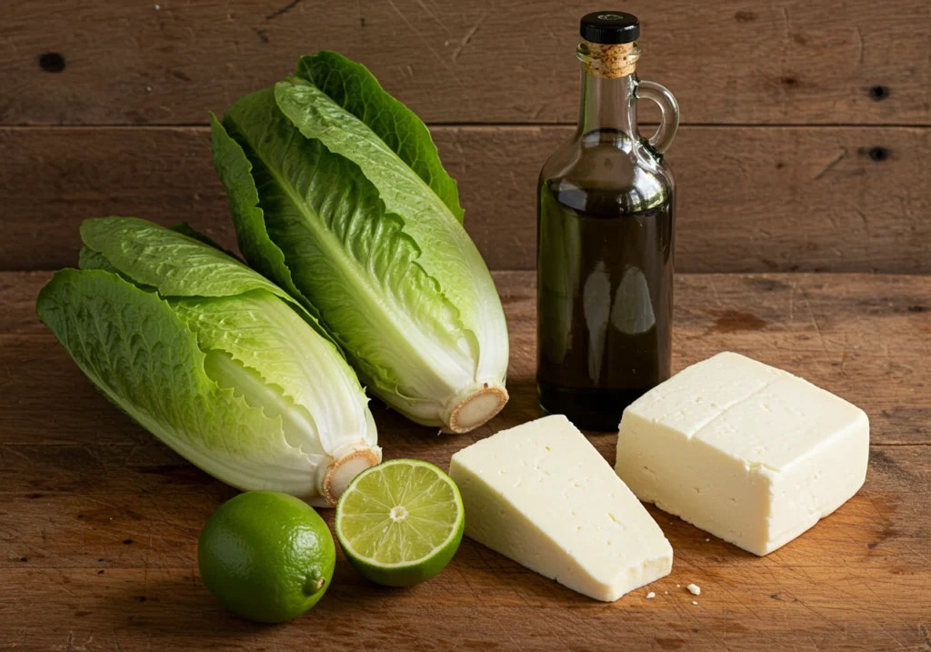 Flat lay of ingredients for charred romaine including romaine, queso fresco, and lime.