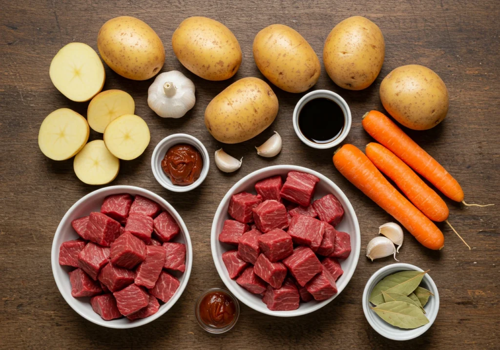 Ingredients laid out for Hawaiian beef stew preparation