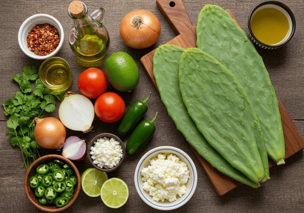 Ingredients for Nopalitos Salad including cactus pads, tomatoes, and fresh herbs