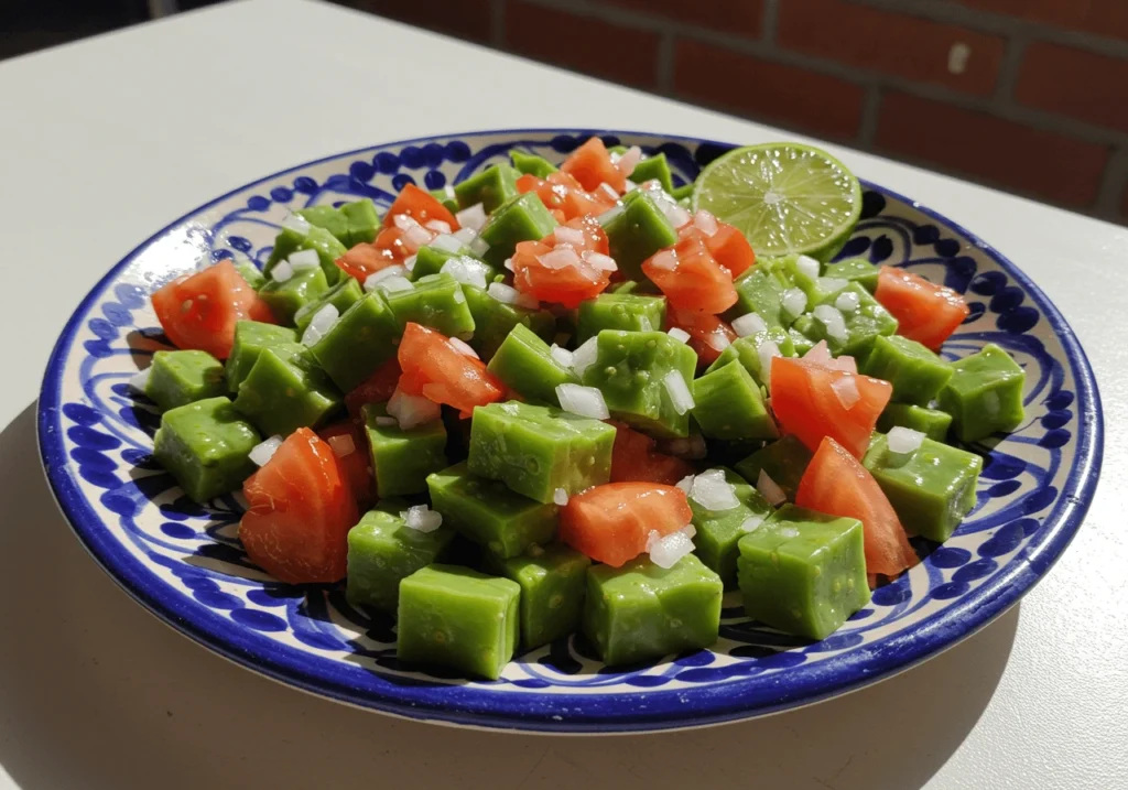 Cactus salad with tomato and onion on a vibrant plate.