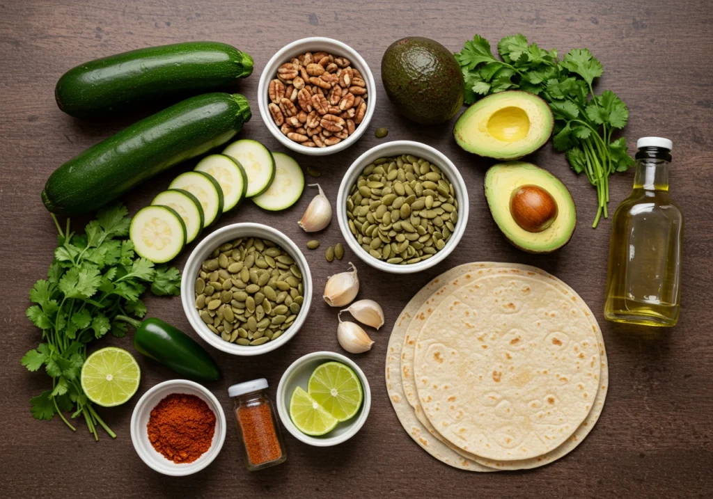 Fresh ingredients for zucchini tacos and pepita salsa arranged on a countertop