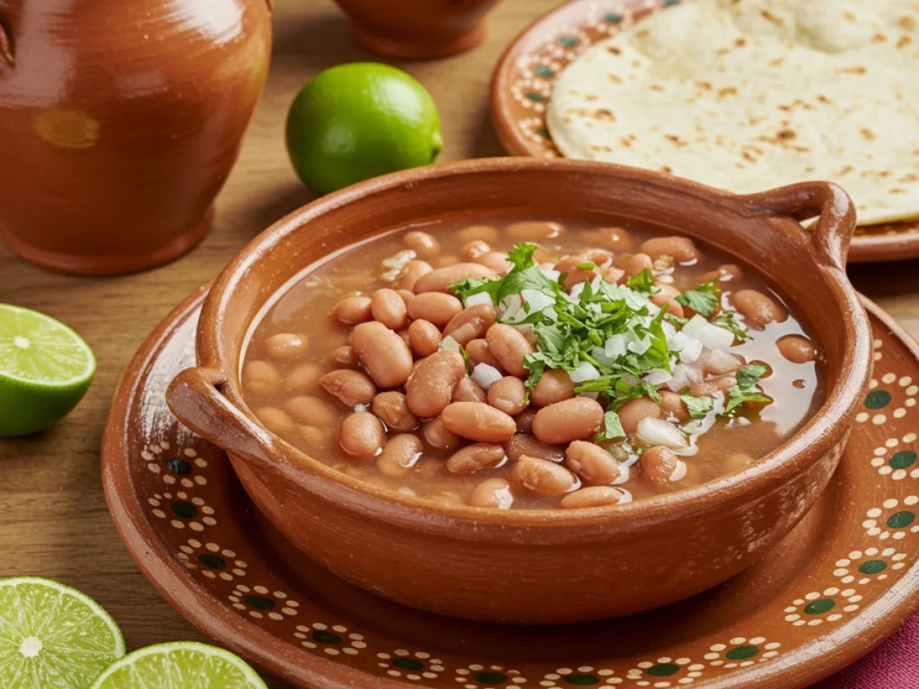 Traditional Mexican pot filled with stewed whole pinto beans.