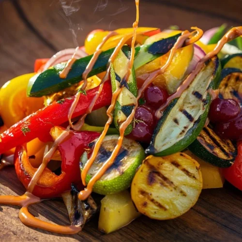 Grilled veggies recipe with chipotle lime drizzle on a rustic plate