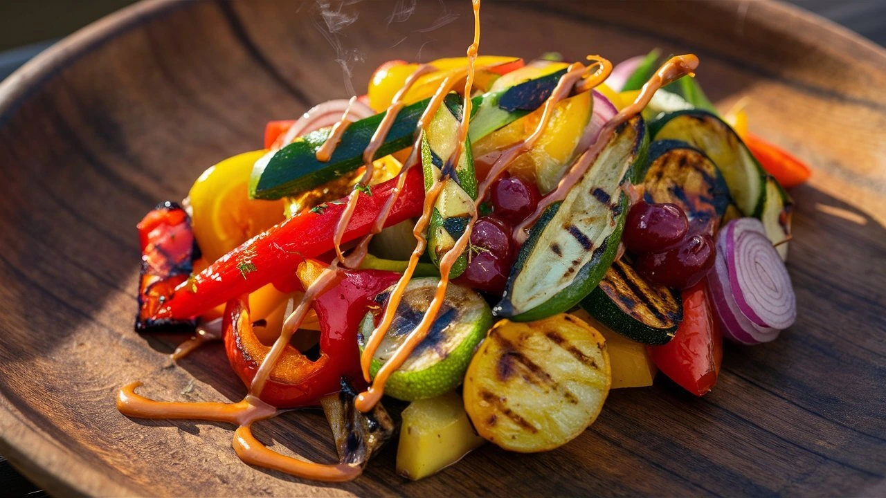 Grilled veggies recipe with chipotle lime drizzle on a rustic plate