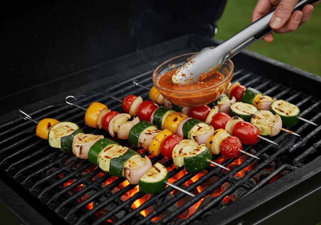 Grilled vegetable skewers being cooked and brushed with sauce