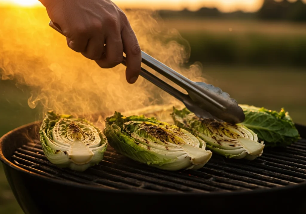 Grilled romaine being charred on a barbecue with tongs.