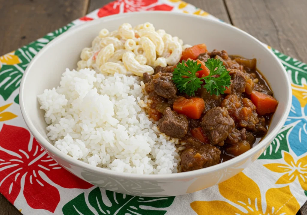Served Hawaiian beef stew with rice and macaroni salad on a Hawaiian cloth