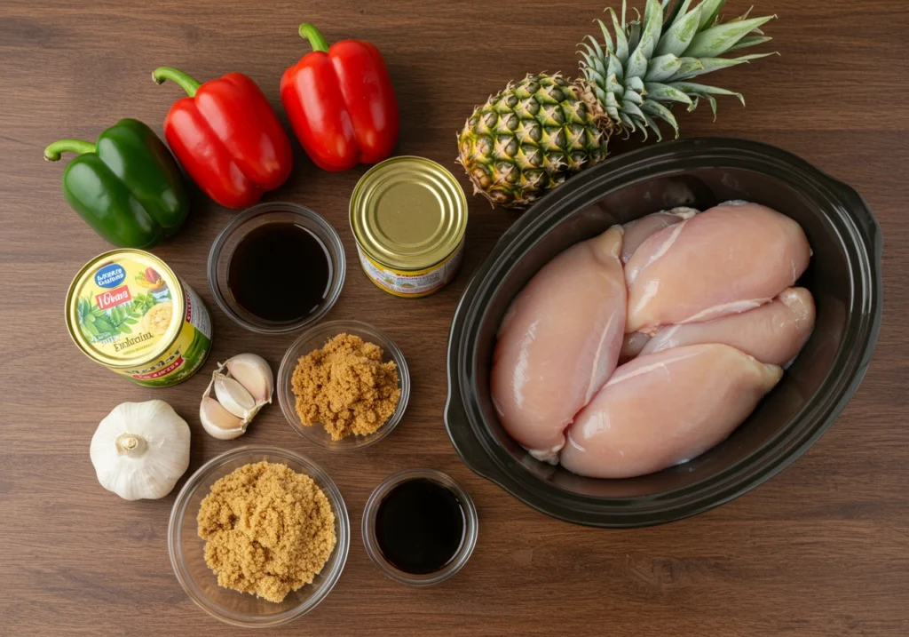Flat lay of Hawaiian crockpot chicken ingredients